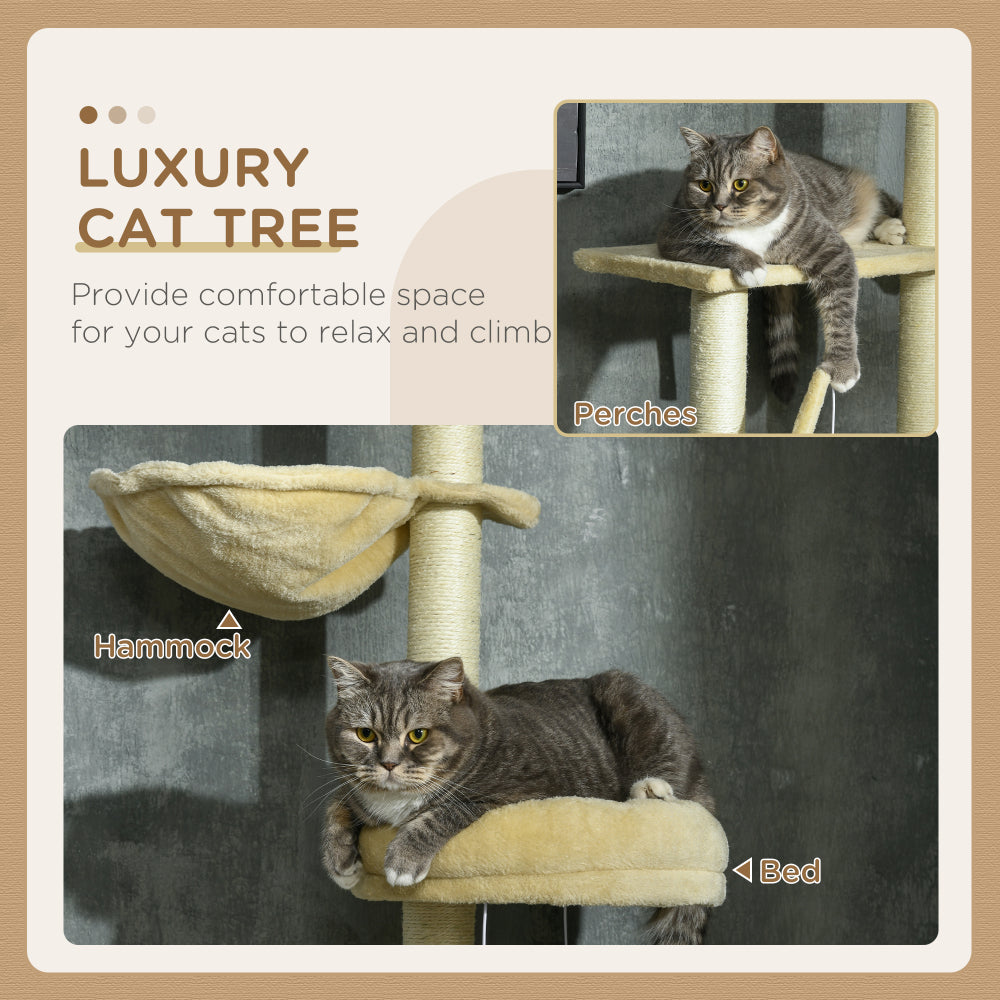 PawHut Floor to Ceiling Cat Tree, 90.5" - 98.5" Adjustable Height, Cat Climbing Tower with Carpeted Platforms, Cozy Bed, Hammock, Scratching Posts, Toy Balls, Activity Center for Kittens, Beige