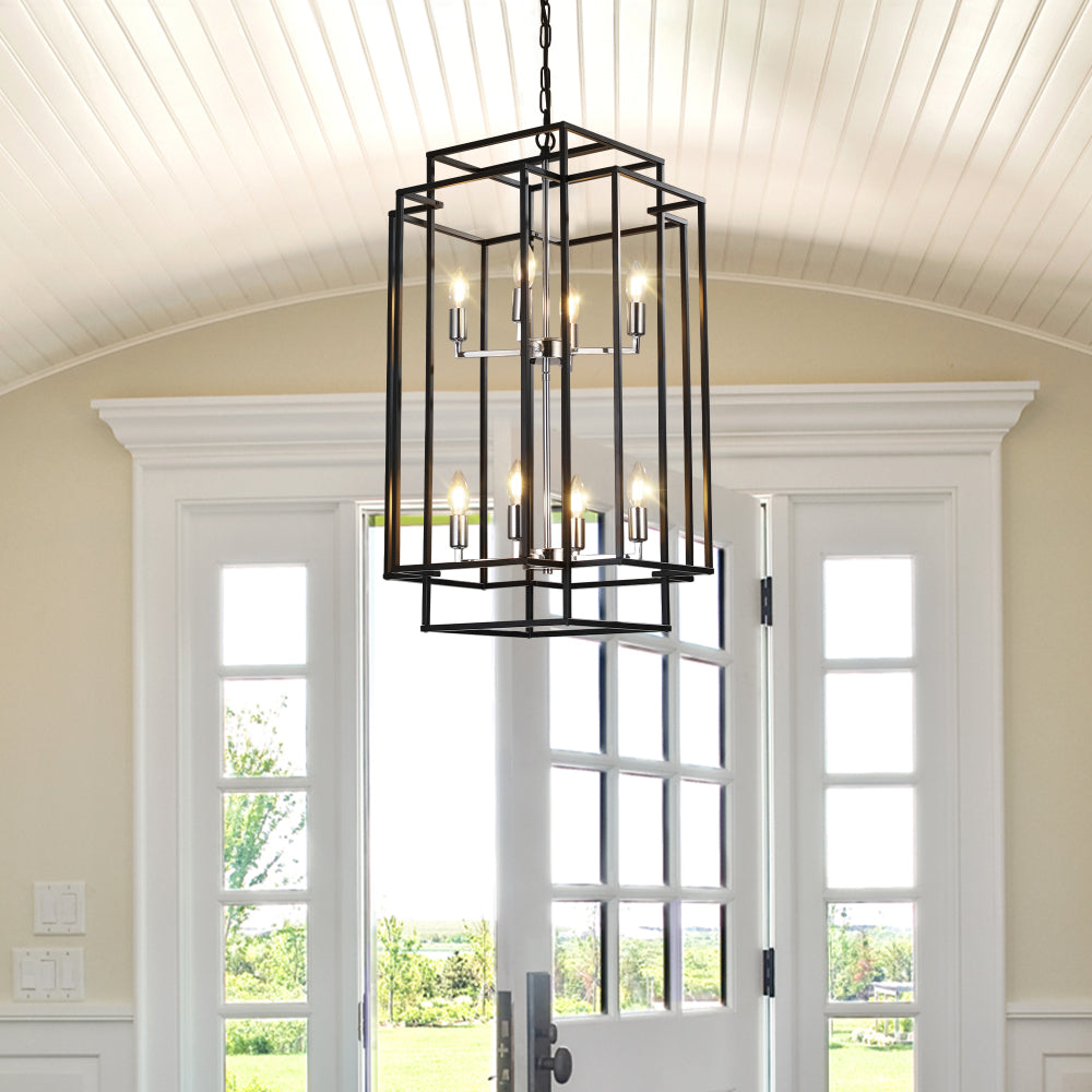 (Same as W1340142525/L1018-C) 18" Modern 8-Light Black & Chrome Geometric Pendant Chandelier, Industrial Metal Frame, Adjustable Hanging Light for Living Room, Dining Room, Kitchen (No Bulbs)