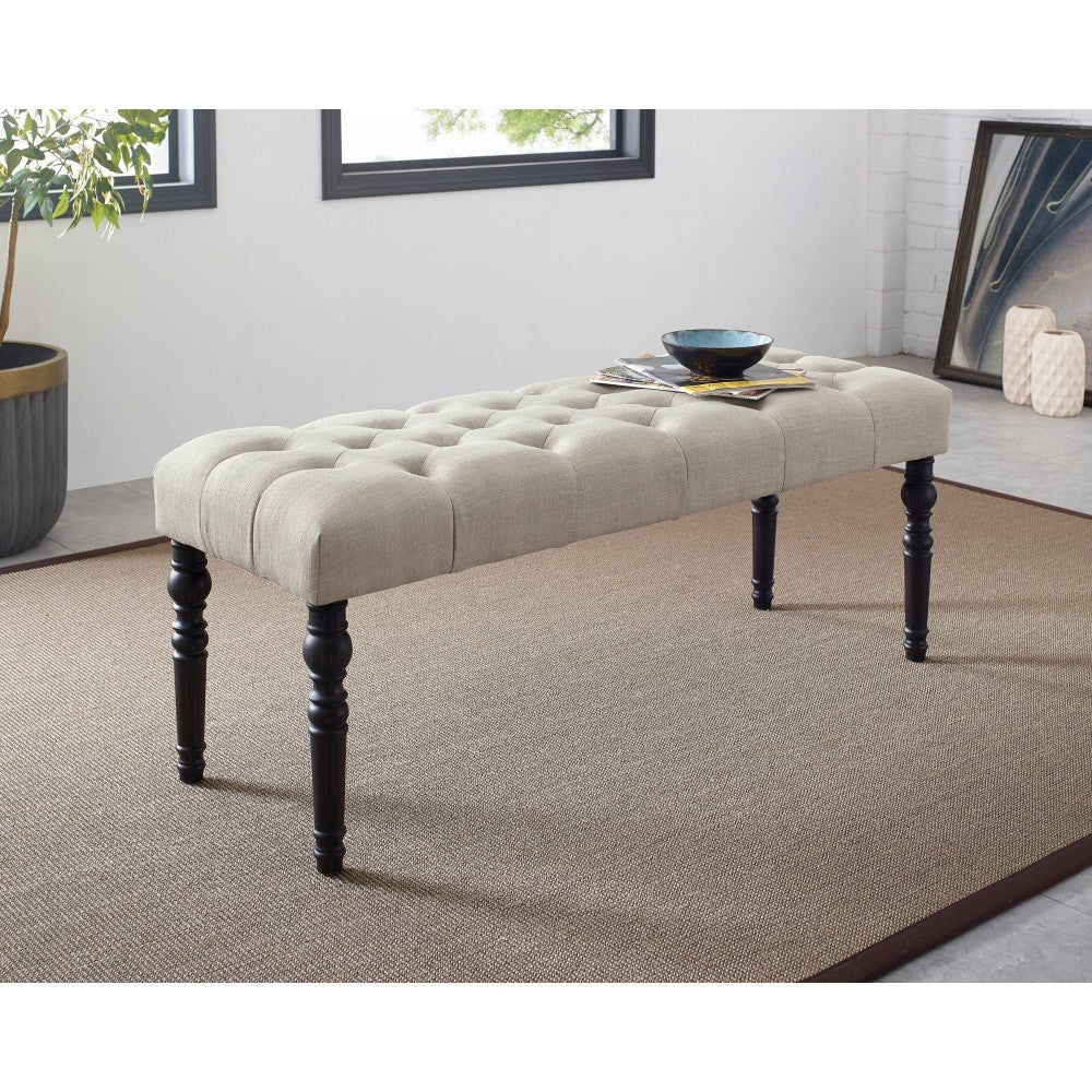 Leviton Fabric Tufted Turned Leg  Dining Bench, Tan