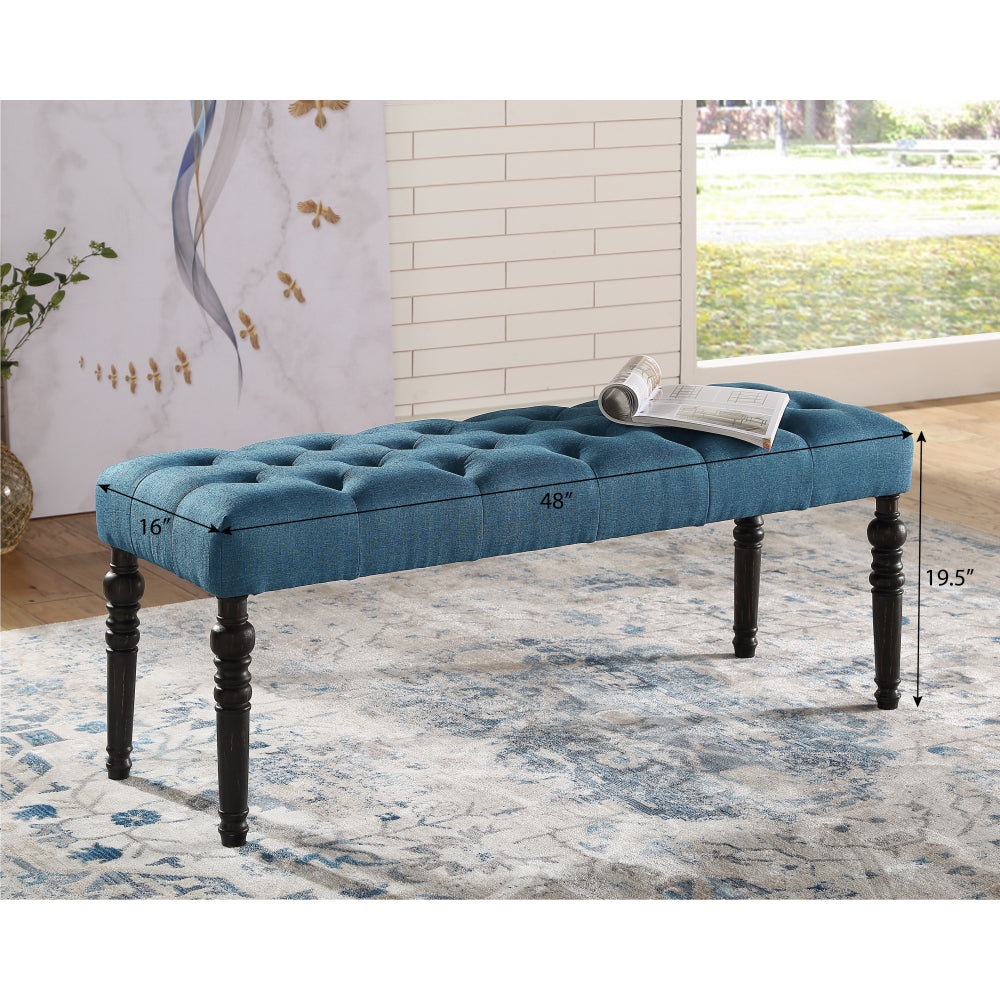 Leviton Fabric Tufted Turned Leg  Dining Bench, Blue