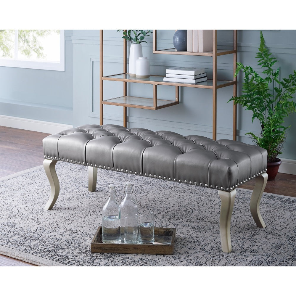 Decor Maxem Tufted Fabric Upholstered Bench Nailhead Trim , Gray