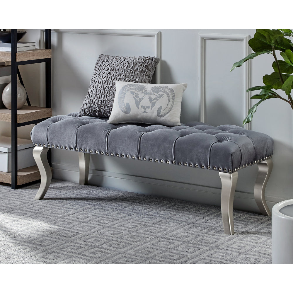 Decor Maxem Tufted Fabric Upholstered Bench Nailhead Trim , Gray