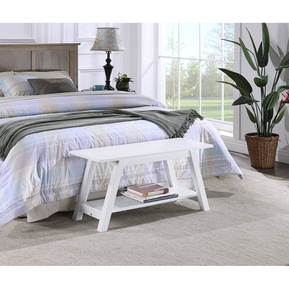 Elyz Solid Wood Bench with Shelf, 36.10-Inch Long, White