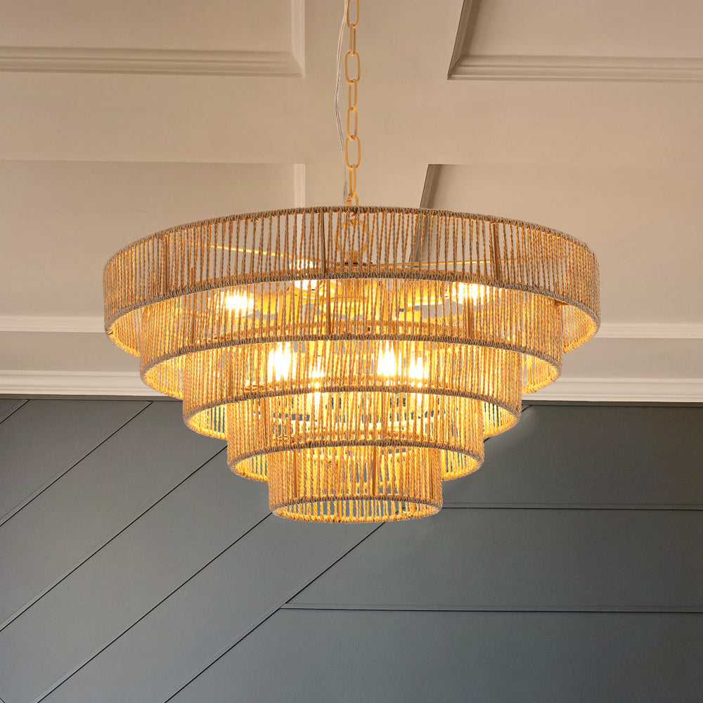 (Same as W1340P155977/L1019-5) 24" Modern 5-Layer Woven Hemp Rope Chandelier, Boho Style Pendant Light, Elegant Hanging Light Fixture for Living Room, Dining Room, Bedroom (No Bulbs)