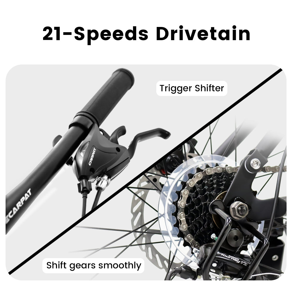 A2660 26 Inch Mountain Bike, 21-Speed Disc Brakes, Durable Frame, Front, Rear Dual-Shock Absorption, Unisex for Commuting, Travel, School, Mountain and City Road Cycling