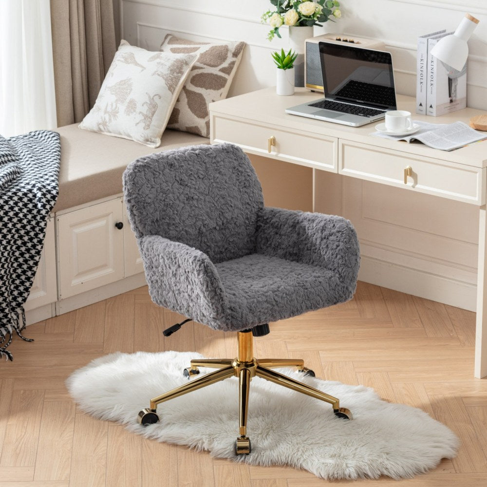 A&A Furniture Office Chair,Artificial rabbit hair Home Office Chair with Golden Metal Base,Adjustable Desk Chair Swivel Office Chair,Vanity Chair(Beige)
