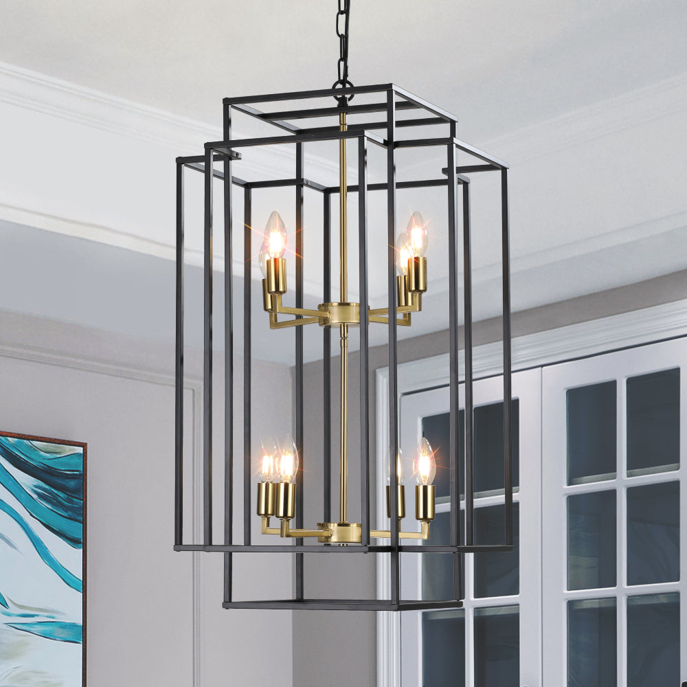(Same as W1340142527/L1018-B) 18" Modern 8-Light Black Geometric Pendant Chandelier, Industrial Metal Frame, Adjustable Hanging Light for Living Room, Dining Room, Kitchen (No Bulbs)