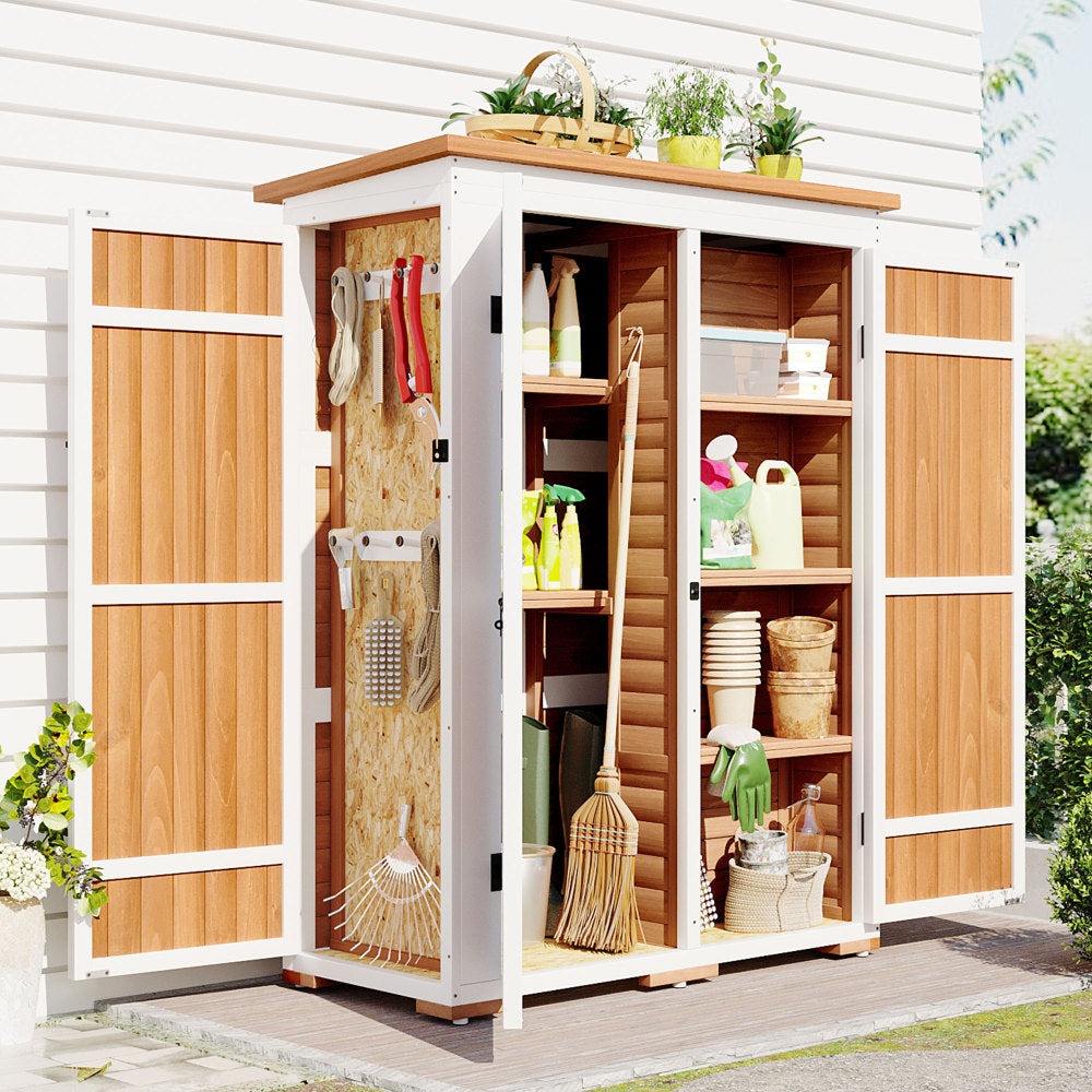 [Video Provided] TOPMAX Outdoor 5.5ft Hx4.1ft L Wood Storage Shed, Garden Tool Cabinet with Waterproof Asphalt Roof, Four Lockable Doors, Multiple-tier Shelves, White and Gray