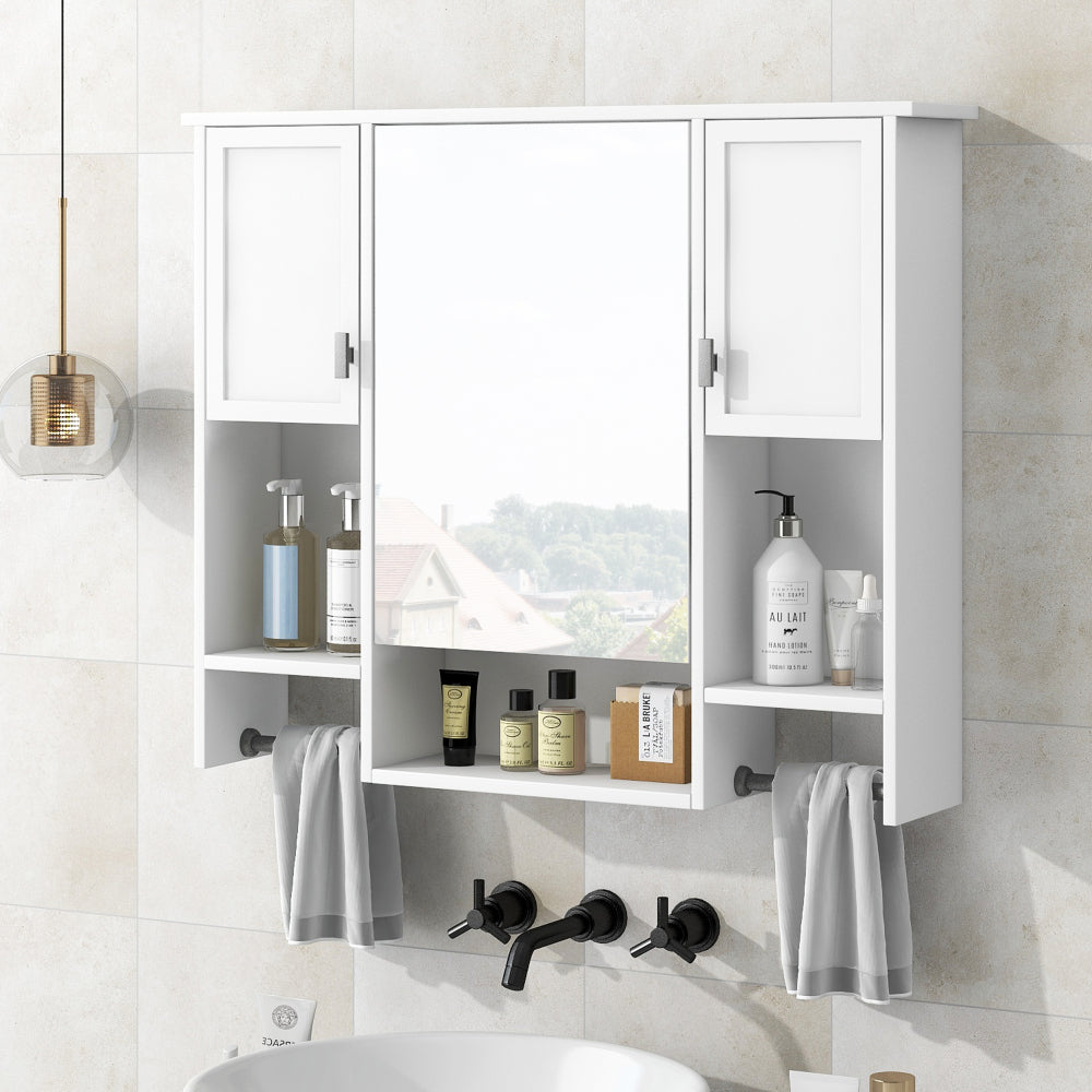 35'' x 28'' Modern Wall Mounted Bathroom Storage Cabinet, Bathroom Wall Cabinet with Mirror, Medicine Cabinet with Towels Bar