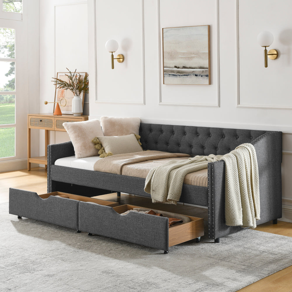 Queen Size Daybed with Drawers Upholstered Tufted Sofa Bed,,with Button on Back and Copper Nail on Waved Shape Arms, Beige (84.5"x63.5"x26.5")