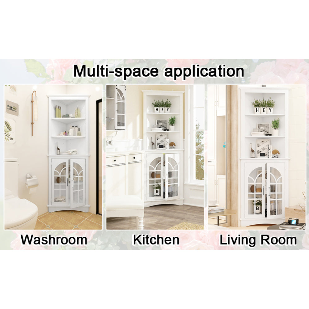 Corner Storage Cabinet, 63.3" Tall Freestanding Bookcase with  Doors & Adjustable Shelves, 5-Tier Corner Display Cabinet for Living Room, Office, Dining Room, White