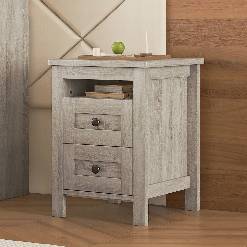 3-Pieces Bedroom Sets Full Size Farmhouse Platform Bed with Double Sliding Door Storage Headboard and Charging Station, Storage Nightstand and Dresser, Antique Gray