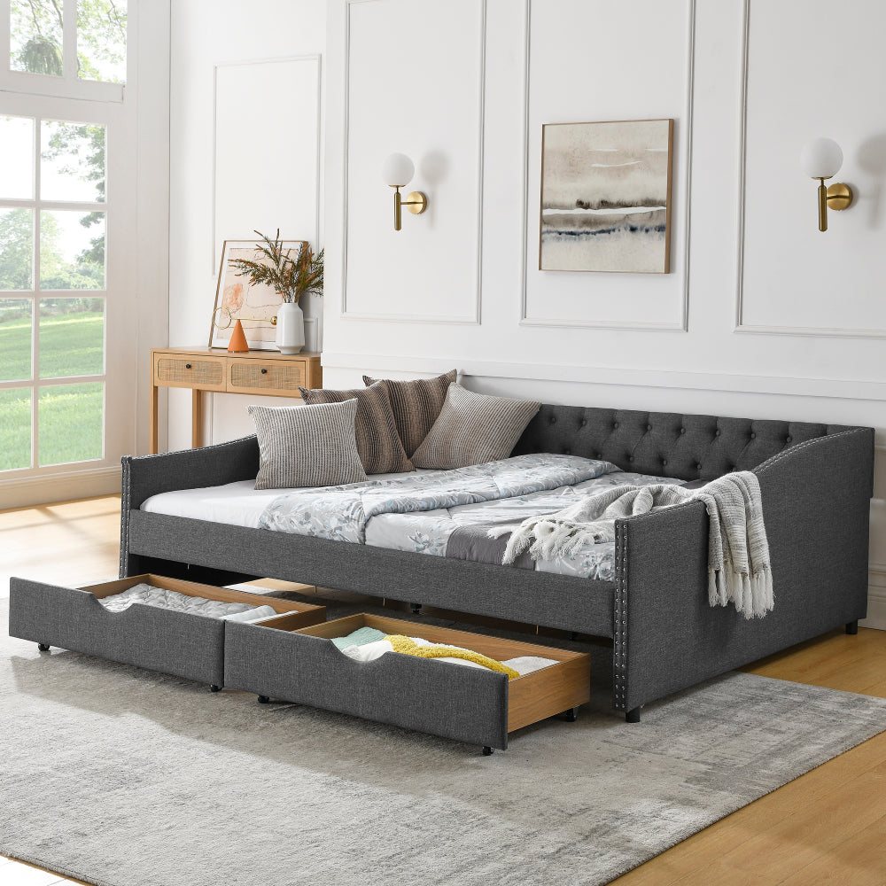 Queen Size Daybed with Drawers Upholstered Tufted Sofa Bed,,with Button on Back and Copper Nail on Waved Shape Arms, Beige (84.5"x63.5"x26.5")
