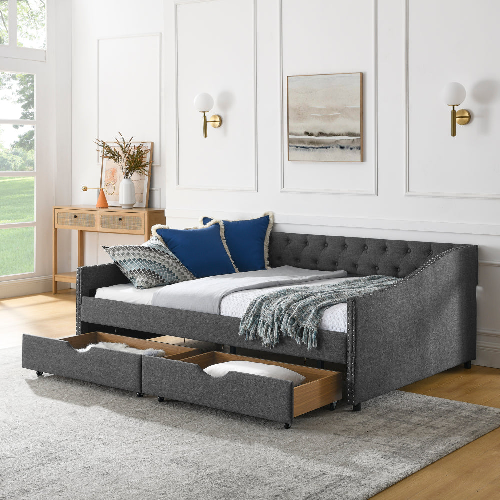 Queen Size Daybed with Drawers Upholstered Tufted Sofa Bed,,with Button on Back and Copper Nail on Waved Shape Arms, Beige (84.5"x63.5"x26.5")