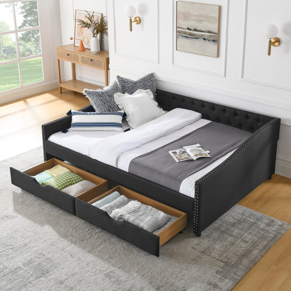 Queen Size Daybed with Drawers Upholstered Tufted Sofa Bed,,with Button on Back and Copper Nail on Waved Shape Arms, Beige (84.5"x63.5"x26.5")