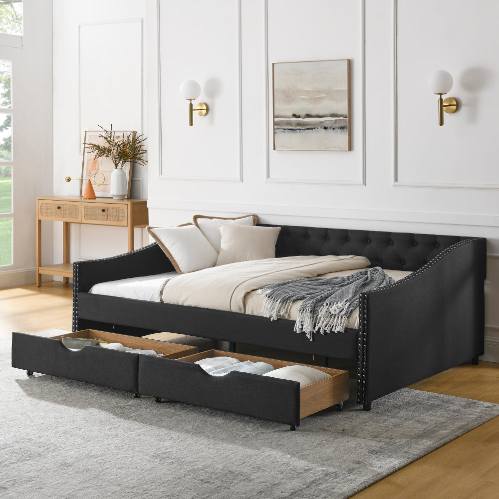 Queen Size Daybed with Drawers Upholstered Tufted Sofa Bed,,with Button on Back and Copper Nail on Waved Shape Arms, Beige (84.5"x63.5"x26.5")