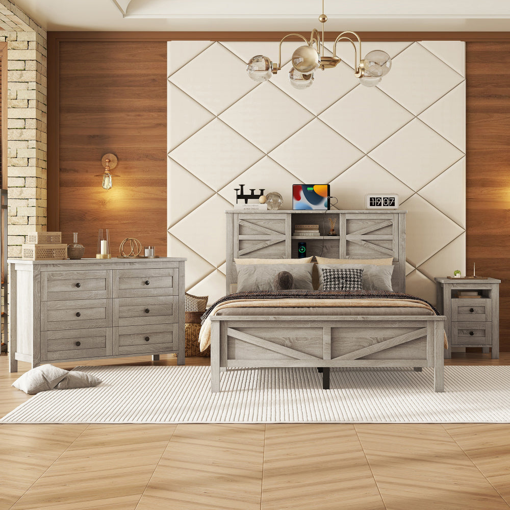 3-Pieces Bedroom Sets Full Size Farmhouse Platform Bed with Double Sliding Door Storage Headboard and Charging Station, Storage Nightstand and Dresser, Antique Gray