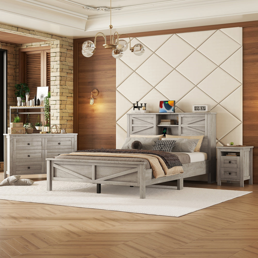 3-Pieces Bedroom Sets Full Size Farmhouse Platform Bed with Double Sliding Door Storage Headboard and Charging Station, Storage Nightstand and Dresser, Antique Gray