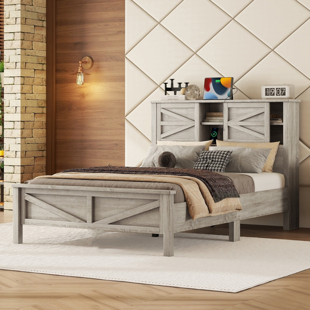 3-Pieces Bedroom Sets Full Size Farmhouse Platform Bed with Double Sliding Door Storage Headboard and Charging Station, Storage Nightstand and Dresser, Antique Gray