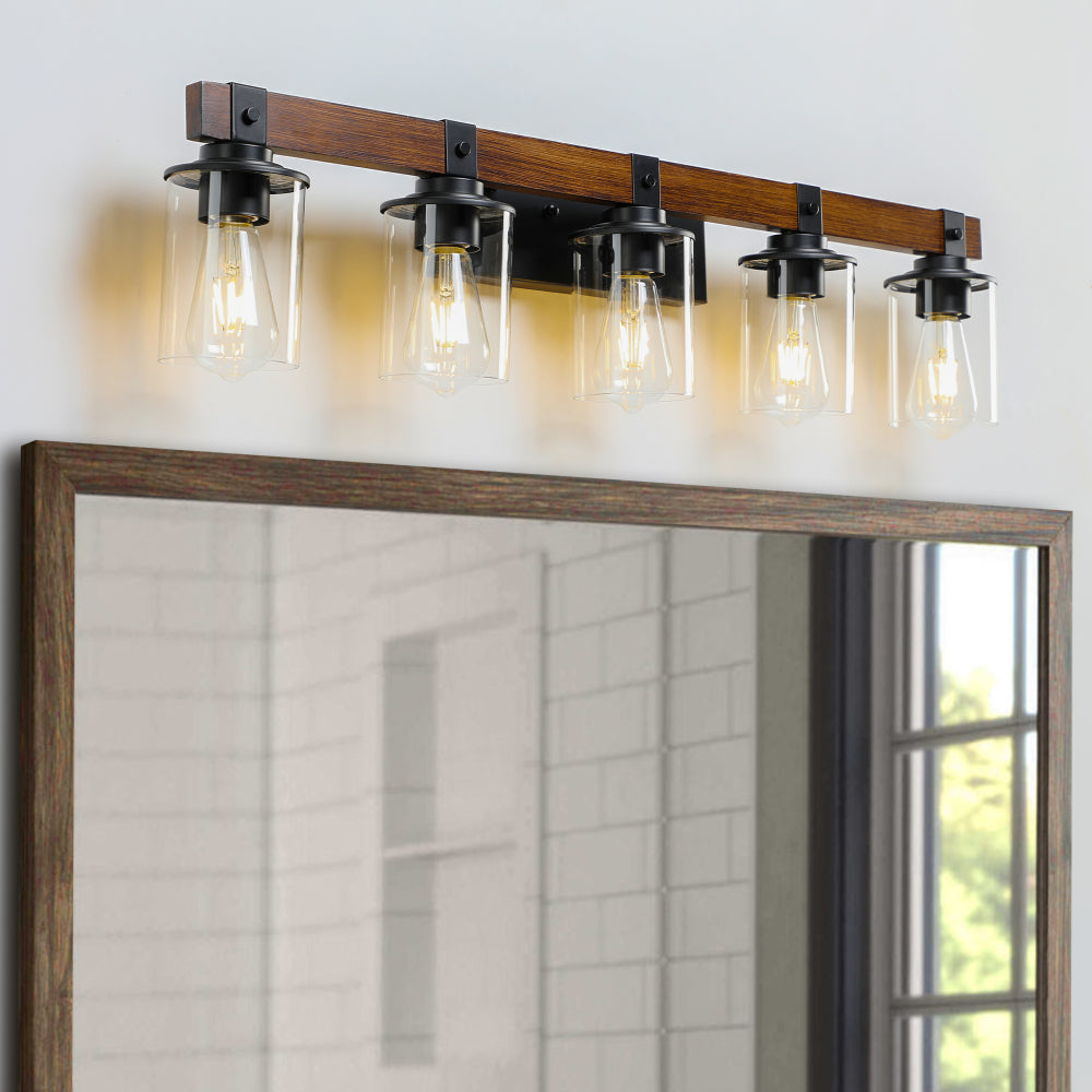 (Same as W1340119955/L1015) 19" Rustic 3-Light Vanity Light, Industrial Bathroom Wall Sconce with Glass Shades and Wood Accent, Modern Farmhouse Lighting Fixture (No Bulbs)