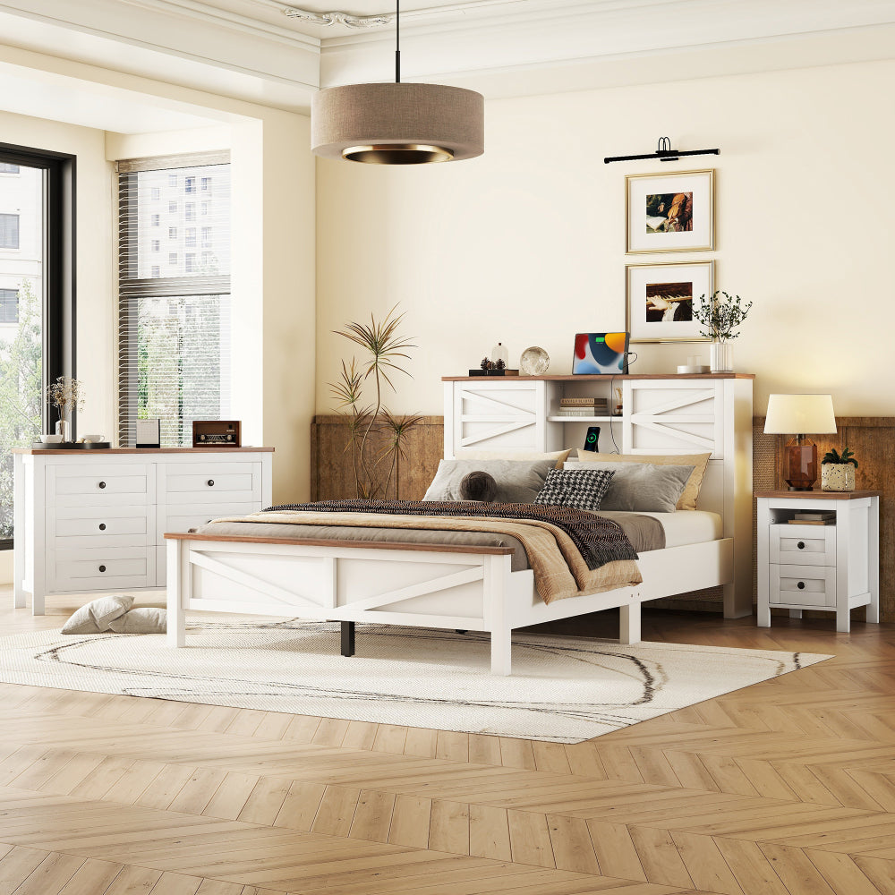 3-Pieces Bedroom Sets Full Size Farmhouse Platform Bed with Double Sliding Door Storage Headboard and Charging Station, Storage Nightstand and Dresser, Antique Gray