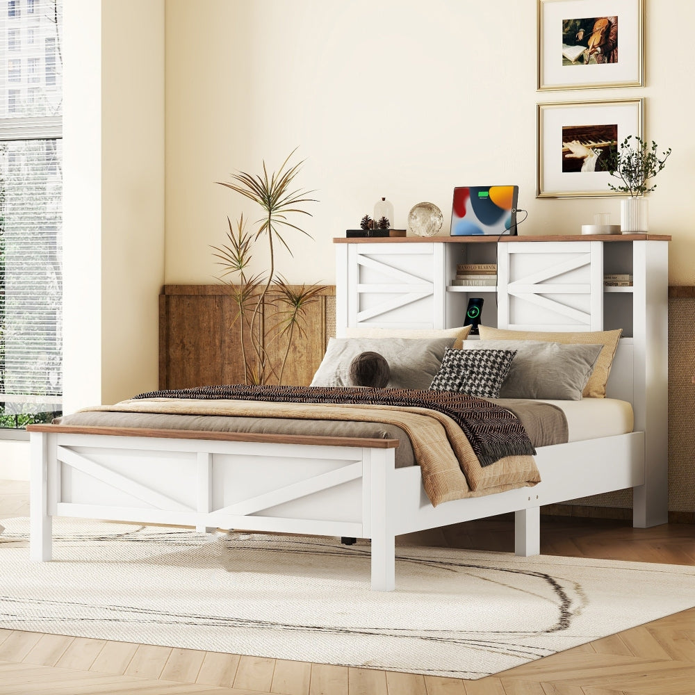 3-Pieces Bedroom Sets Full Size Farmhouse Platform Bed with Double Sliding Door Storage Headboard and Charging Station, Storage Nightstand and Dresser, Antique Gray