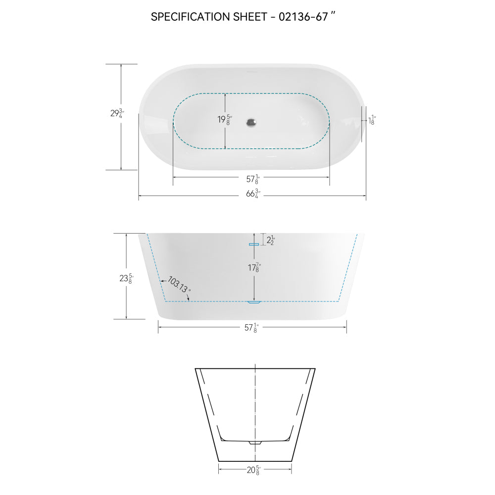 67" Acrylic Freestanding Bathtub, Modern & Contemporary Design Soaking Tub with Toe-tap Drain in Chrome and Classic Slotted Overflow, Glossy White, cUPC Certified, 02136