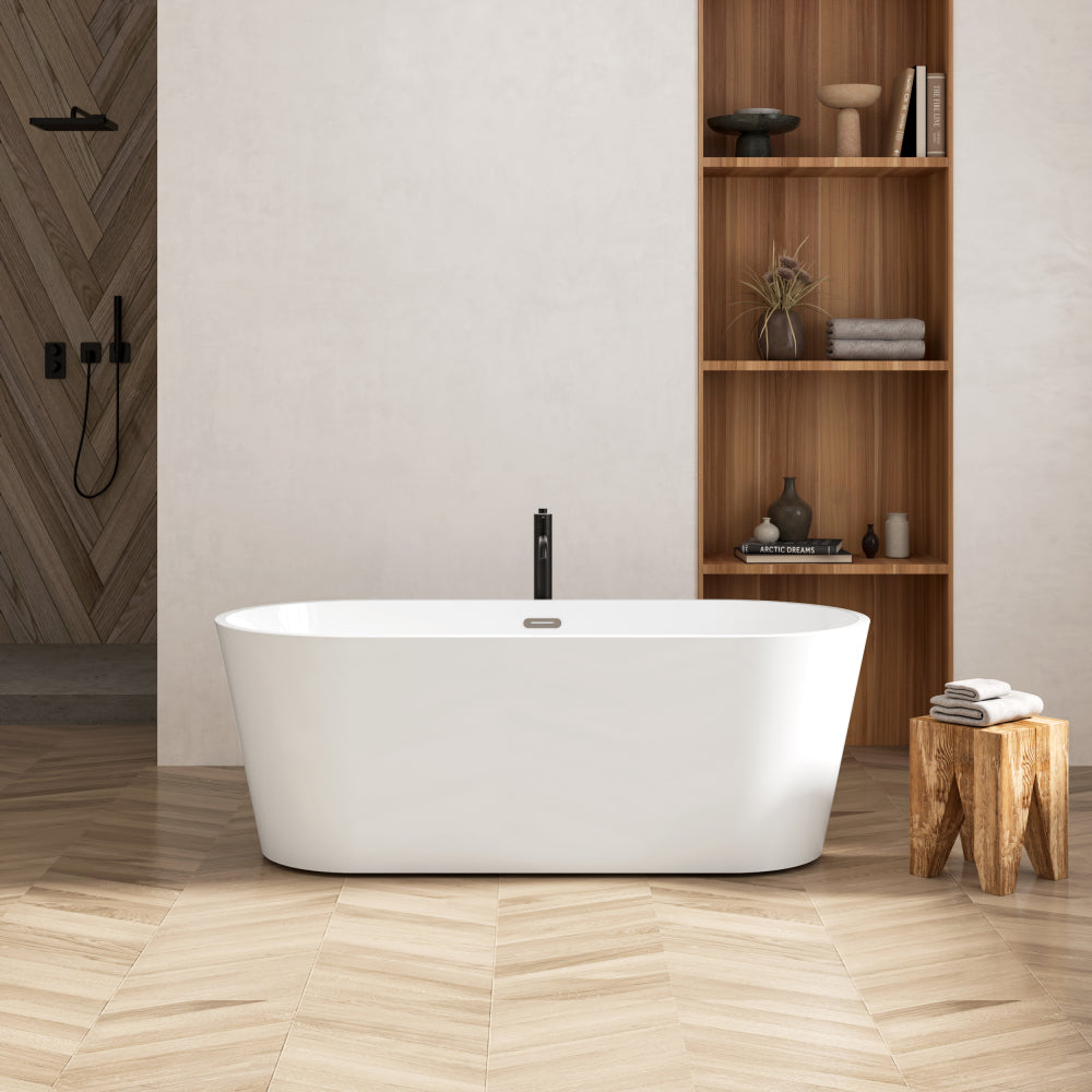 67'' Acrylic Freestanding Bathtub, Modern & Contemporary Design Soaking Tub with Brushed Nickel Pop-Up Drain and Minimalist Design Overflow, 02136-BN