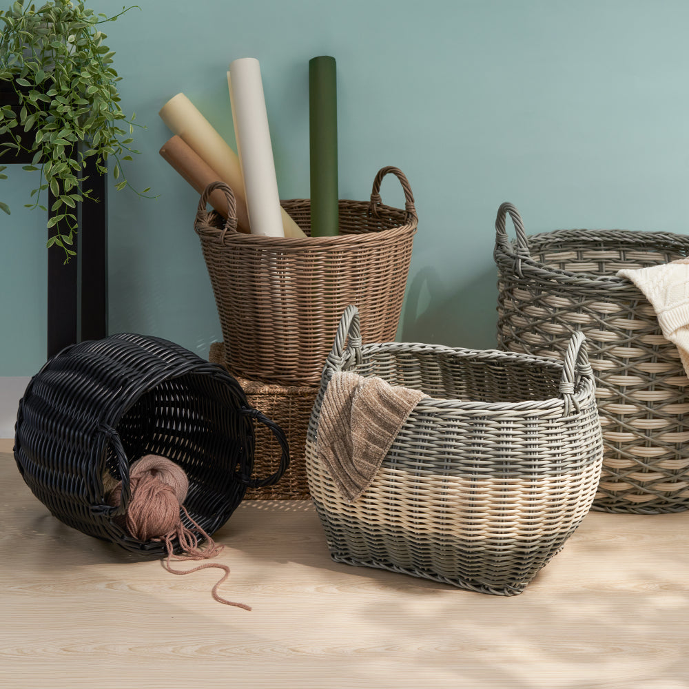 Lucius Round Resin Woven Wicker Basket with Handles - 13" x 13" x 10.2" - Black - For Clothes, Towels, Toys, Magazines Storage and Home Decoration
