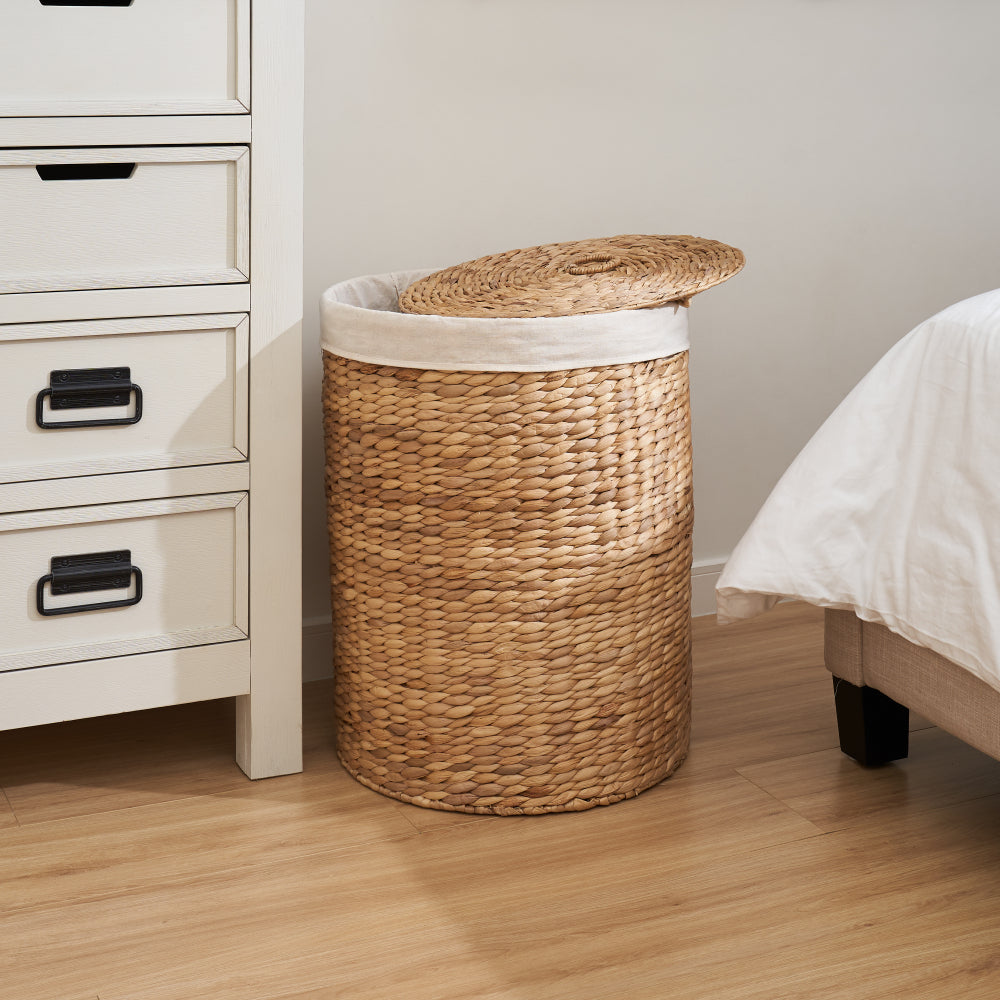 Ludmilla Round Tall Water Hyacinth Woven Wicker Laundry Hamper with Lid - For Clothes, Canvas, Toys and Book Storage with Removable Liner - 15" x 15" x 20" - Natural Brown