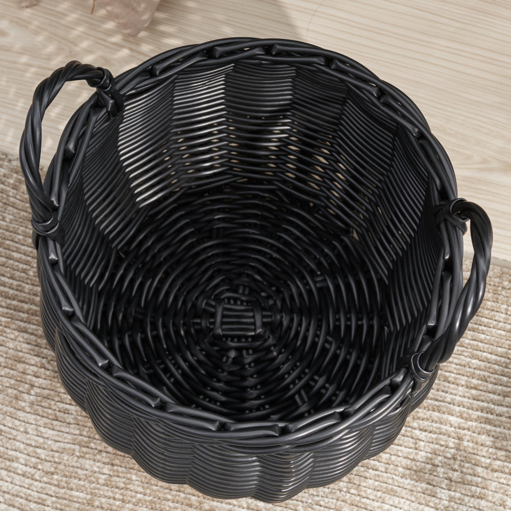 Lucius Round Resin Woven Wicker Basket with Handles - 13" x 13" x 10.2" - Black - For Clothes, Towels, Toys, Magazines Storage and Home Decoration