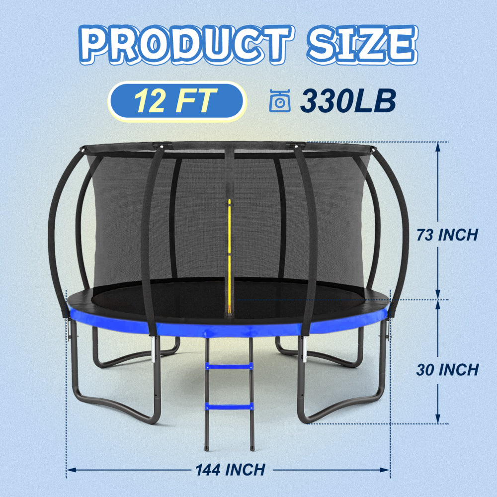 12FT Outdoor Big Trampoline Inner Safety Enclosure Net, Ladder, PVC Spring Cover Padding, For Kids, Blue Color