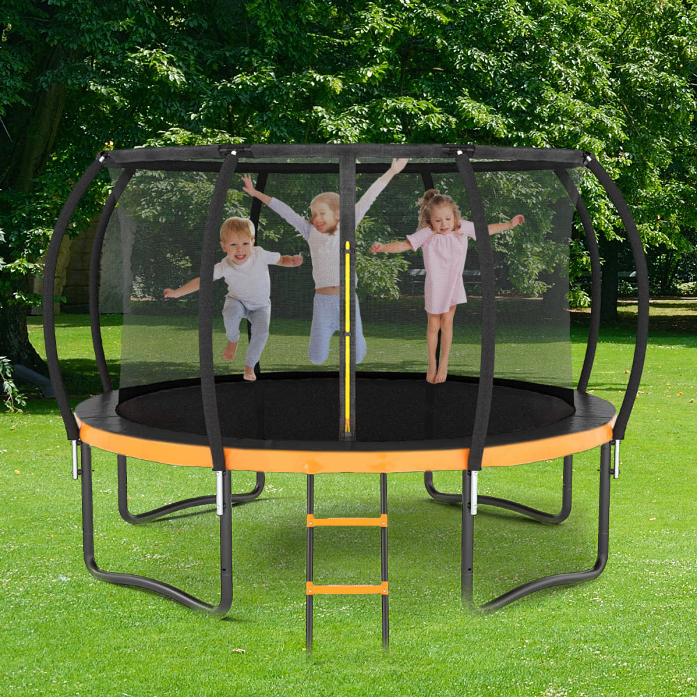 12FT Outdoor Big Trampoline Inner Safety Enclosure Net, Ladder, PVC Spring Cover Padding, For Kids, Orange Color