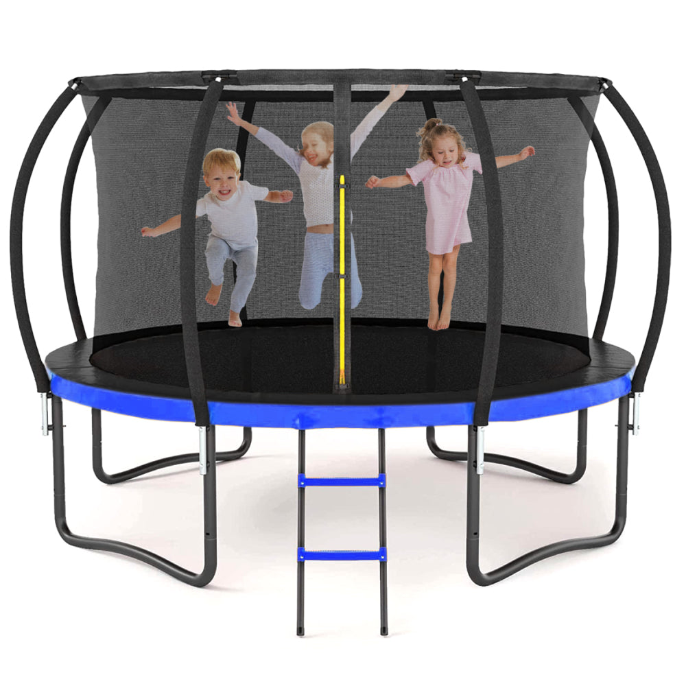 14FT Outdoor Big Trampoline Inner Safety Enclosure Net, Ladder, PVC Spring Cover Padding, For Kids, Blue Color