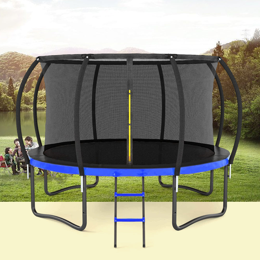 14FT Outdoor Big Trampoline Inner Safety Enclosure Net, Ladder, PVC Spring Cover Padding, For Kids, Blue Color