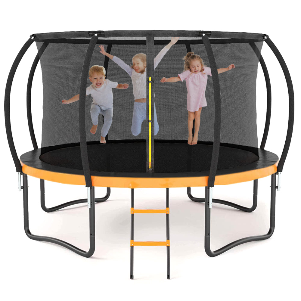 14FT Outdoor Big Trampoline Inner Safety Enclosure Net, Ladder, PVC Spring Cover Padding, For Kids, Orange Color