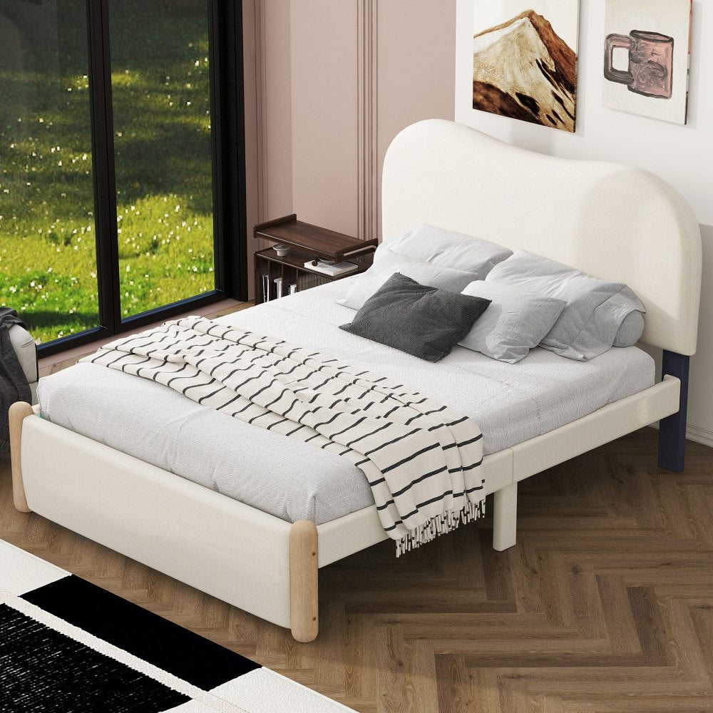 Full Size Upholstered Platform Bed with Wood Supporting Feet and Twin Size Trundle, White