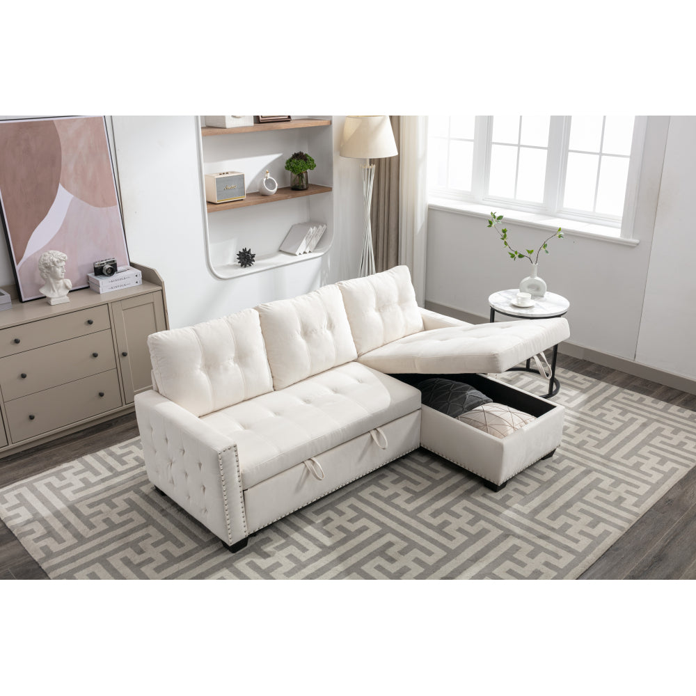 77 Inch Reversible Sectional Storage Sleeper Sofa Bed , L-Shape 2 Seat Sectional Chaise With Storage , Skin-Feeling Velvet Fabric ,Beige Color For Living Room Furniture