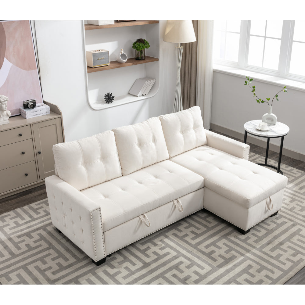 77 Inch Reversible Sectional Storage Sleeper Sofa Bed , L-Shape 2 Seat Sectional Chaise With Storage , Skin-Feeling Velvet Fabric ,Beige Color For Living Room Furniture