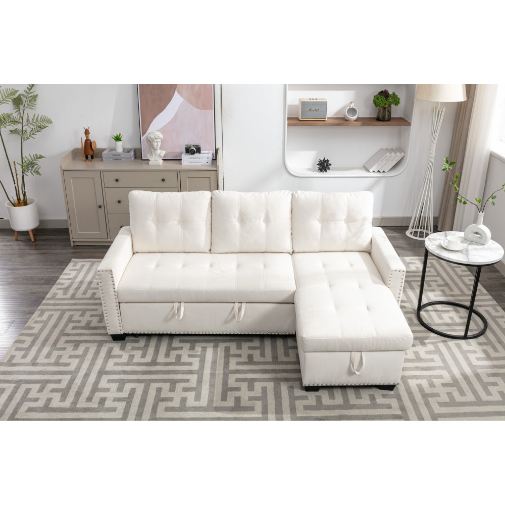 77 Inch Reversible Sectional Storage Sleeper Sofa Bed , L-Shape 2 Seat Sectional Chaise With Storage , Skin-Feeling Velvet Fabric ,Beige Color For Living Room Furniture
