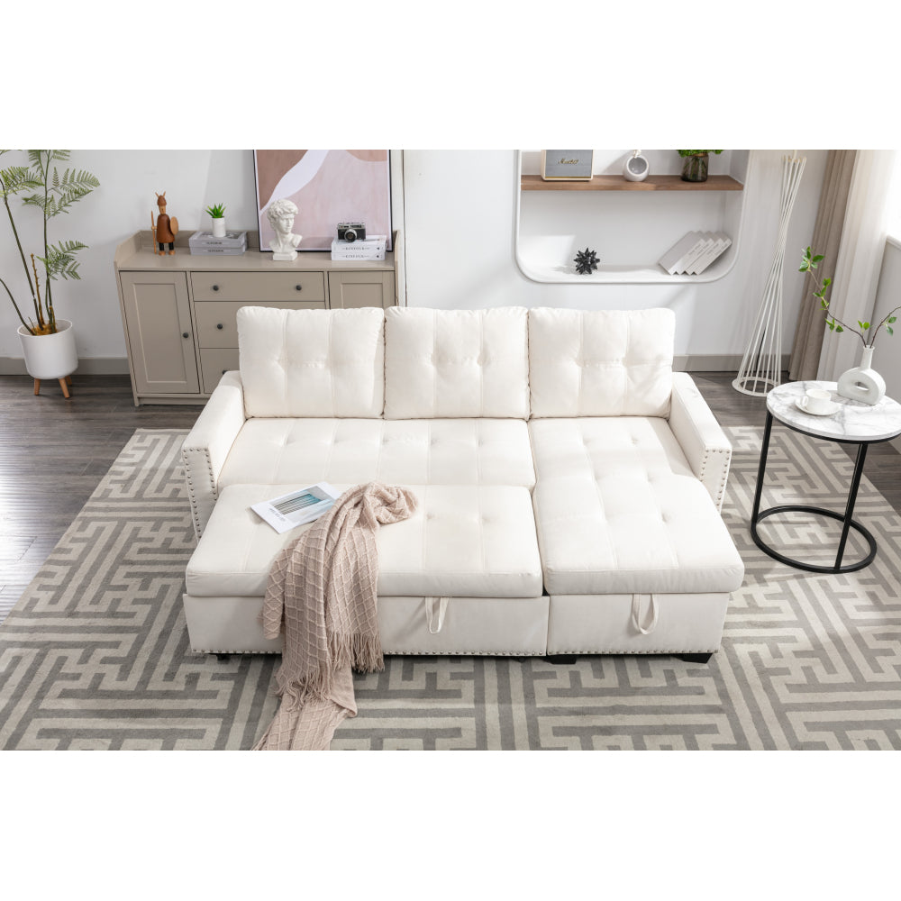 77 Inch Reversible Sectional Storage Sleeper Sofa Bed , L-Shape 2 Seat Sectional Chaise With Storage , Skin-Feeling Velvet Fabric ,Beige Color For Living Room Furniture