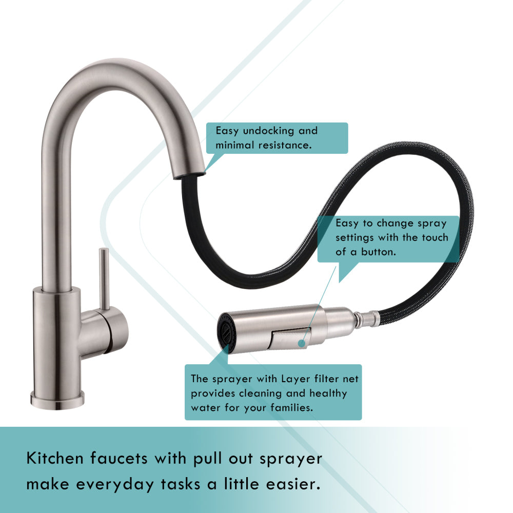 Sink Faucet, Brushed Nickel Kitchen Faucets with Pull Down Sprayer, Bathroom Sink Faucets Mini Bar Prep Faucet
