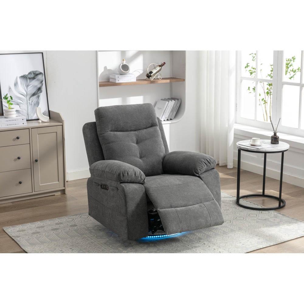 Power Recliner Glider Chair With Bluetooth Speaker 270 Degree Swivel With LED Light Side Arm With Storage Pockets USB+Type C Charging Port Button Control Retractable Footrest Adjustable Backrest DG