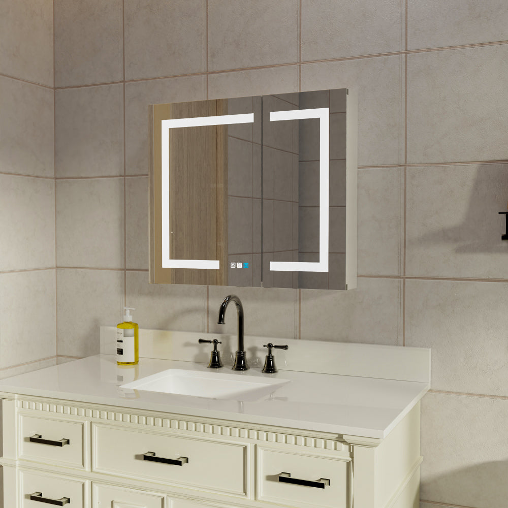 LED Lighted Bathroom Medicine Cabinet with Mirror, 30 x 26 Inch, Recessed or Surface led Medicine Cabinet, Defog, Stepless Dimming,Color Temper Change, 2 Outlets,Storage Shelves