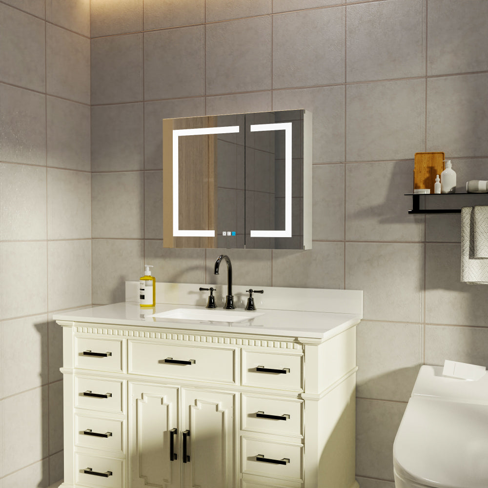 LED Lighted Bathroom Medicine Cabinet with Mirror, 30 x 26 Inch, Recessed or Surface led Medicine Cabinet, Defog, Stepless Dimming,Color Temper Change, 2 Outlets,Storage Shelves