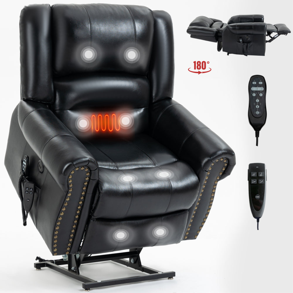 Power Lift Recliner Chair Heat Massage Dual Motor Infinite Position Up to 350 LBS, Faux Leather, Heavy Duty Motion Mechanism with USB Ports, Brown