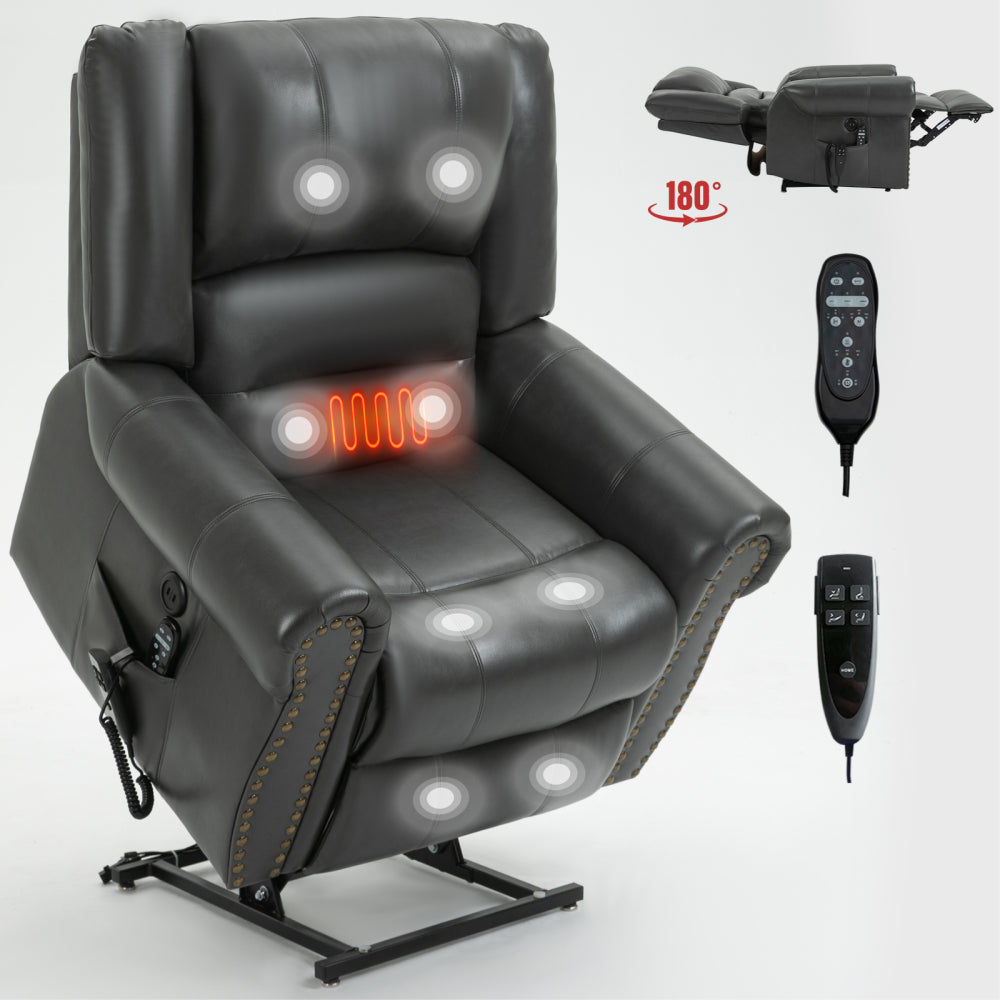Power Lift Recliner Chair Heat Massage Dual Motor Infinite Position Up to 350 LBS, Faux Leather, Heavy Duty Motion Mechanism with USB Ports, Brown