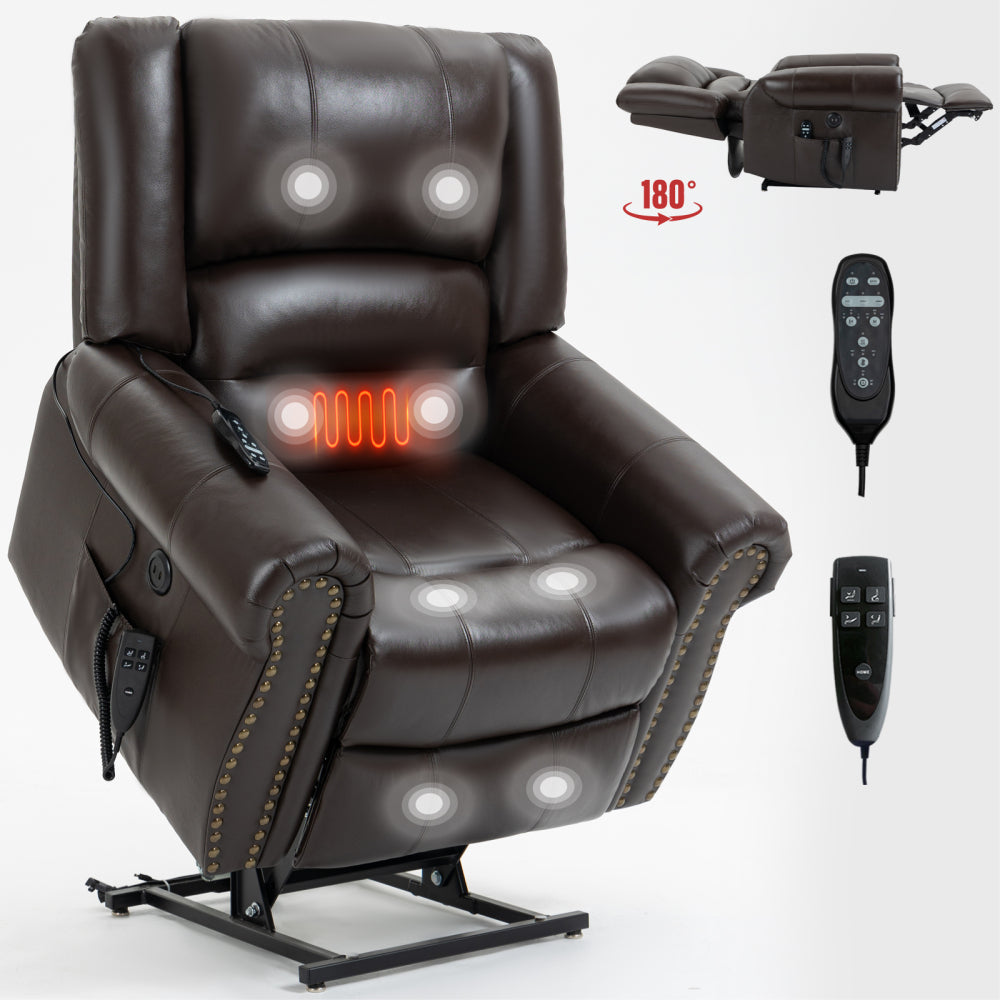 Power Lift Recliner Chair Heat Massage Dual Motor Infinite Position Up to 350 LBS, Faux Leather, Heavy Duty Motion Mechanism with USB Ports, Brown