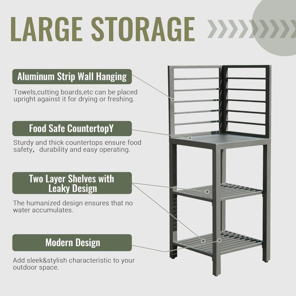 Outdoor Kitchen Island with Storage, Aluminum Kitchen Storage Island Outdoor Prep Table with Double Storage Rack, Freestanding Outdoor Corner Cabinet with Protective Cover Indoor Outdoor