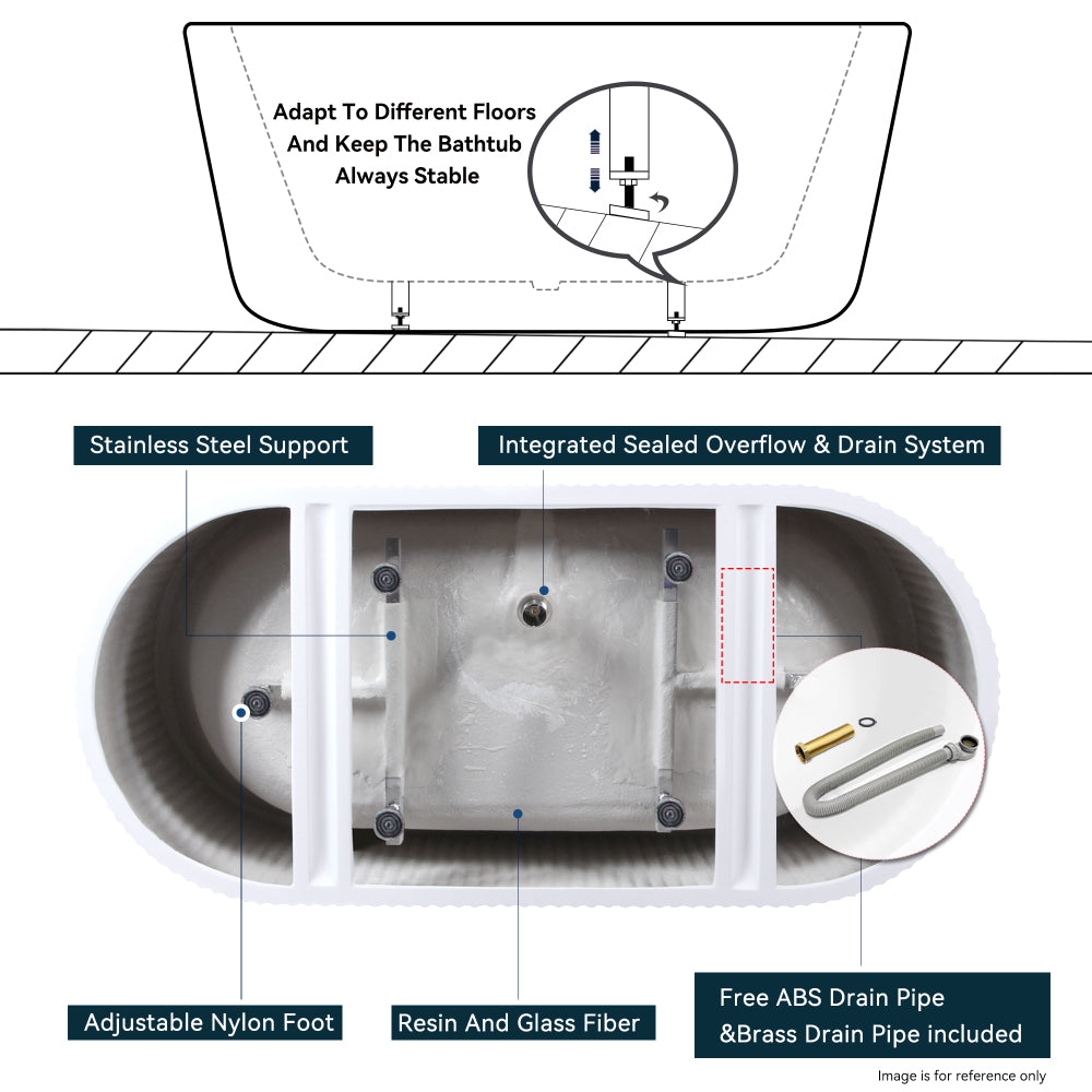 67" Acrylic Freestanding Bathtub-Acrylic Soaking Tubs, Fluted style-Gloss White Freestanding Bathtub With Integrated Slotted Overflow and Brushed Nickel Toe-tap Drain, 02149-BN